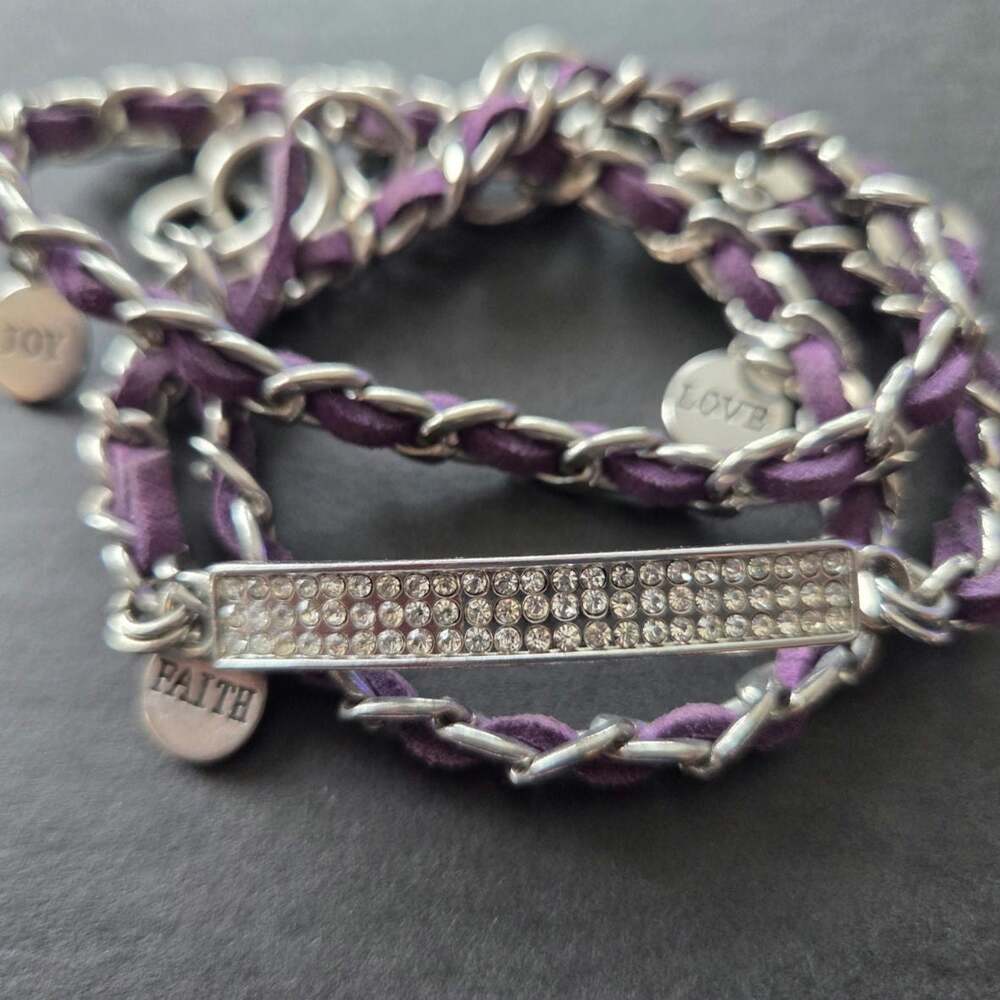 Wrap bracelet silver-tone rhinestone bar purple suede silver chains faith charms
